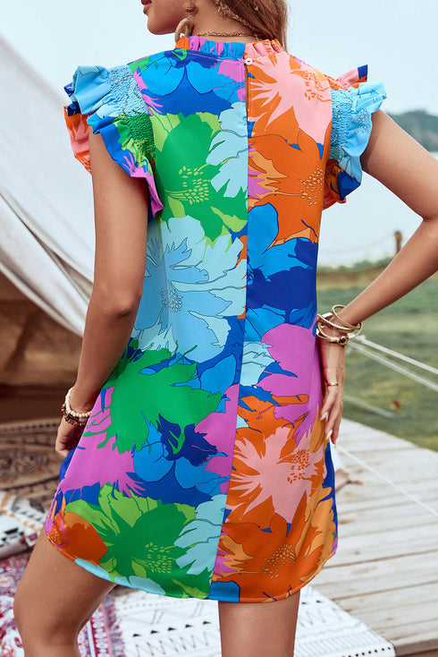 Bold Floral Flutter Sleeve Shift Mini Dress with Pockets